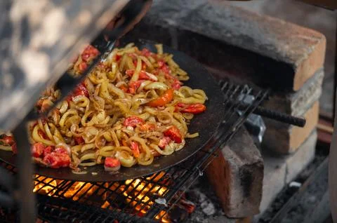 Mixed vegetables roasting on barbecue grill Stock Photos