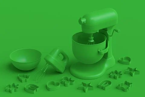 Mixer and cookie cutters with kitchen utensil for making cookies on monochrom イラスト素材