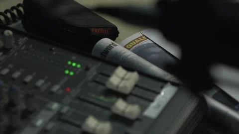 Mixer Controls, Fingers Using Sliders and Buttons Stockbeeldmateriaal 142969941