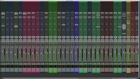 Mixer window of a music production software, with colored tracks, VU Stock Footage 102504848