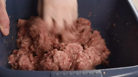 Mixing and preparing minced meat for filling the sausage Stock Footage 233728902