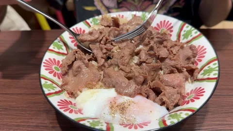 Mixing Beef, Rice, and Egg in Decorative Bowl Stock Footage 315026237
