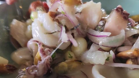 Mixing up a bowl of Peruvian ceviche  Stock Footage 308358749