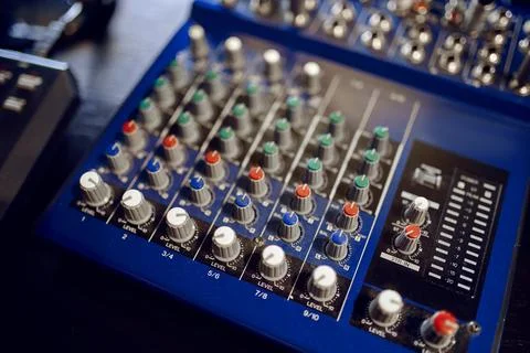 Mixing console closeup, recording studio equipment Stock Photos