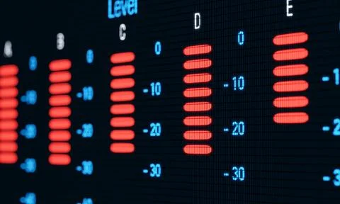  Mixing console with digital screen in close-up, equalizer, sound channels... Stock Photos