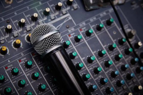 Mixing console microphone top view. Copy space. Stock Photos