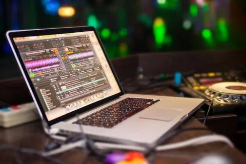 Mixing Console with notebook at the backgroud Stock Photos