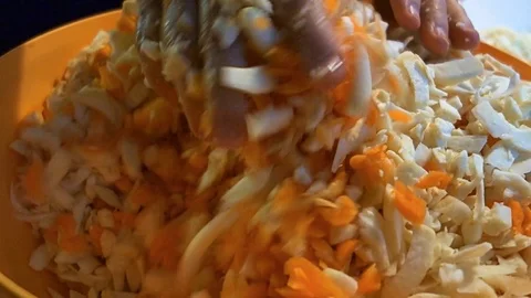 Mixing of cut vegetables by hand Stock Footage 124395001