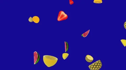 Mixing Fruit slices falling down from the top on blue screen background Stock Footage 322893963