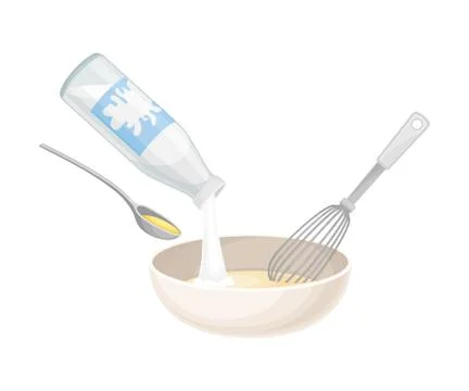 Mixing of Ingredients for Cooking Pancakes with Adding Milk and Oil Vector Illustrazione stock