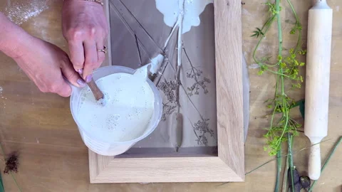 Mixing liquid plaster in a measuring jug for pouring into botanical clay mold. P Vidéo 314187025