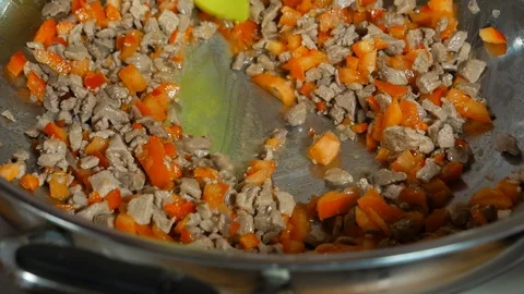 Mixing meat with vegetables in a container Stock Footage 91549039
