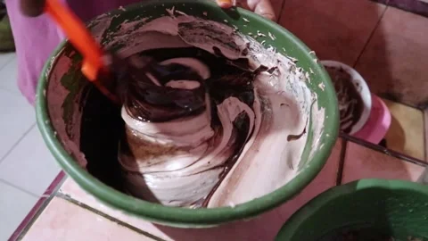 Mixing melted chocolate with cake batter Stock Footage 303200767