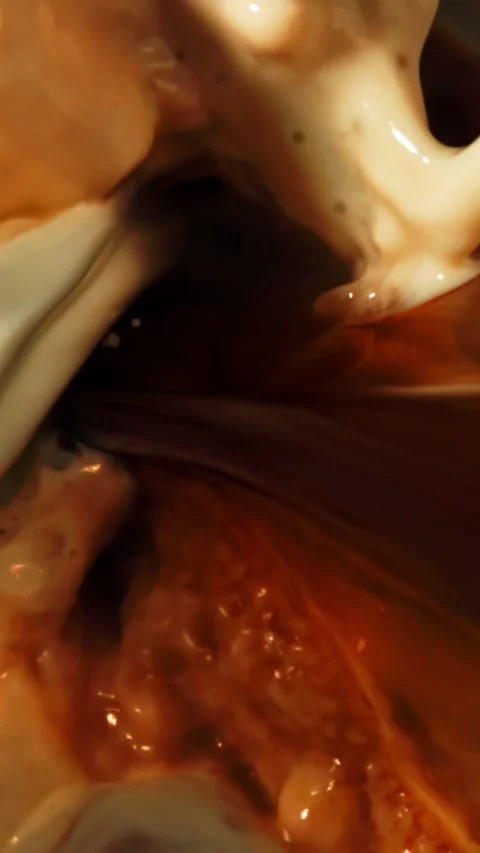 Mixing milk and coffee streams. Top view. Filmed on a high-speed camera at 1000 Stock Footage 335360314