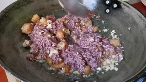 Mixing Raw Shrimp Paste with Pork Cubes Stock Footage 231119020
