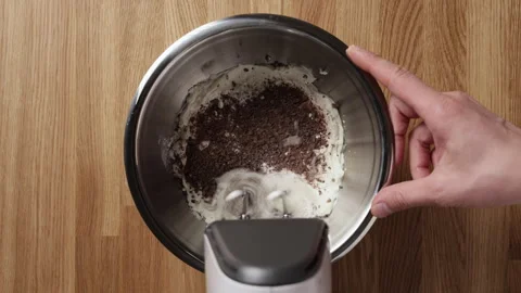 Mixing Ricotta With Chocolate Using Hand Mixer Top View Stockbeeldmateriaal 334232103