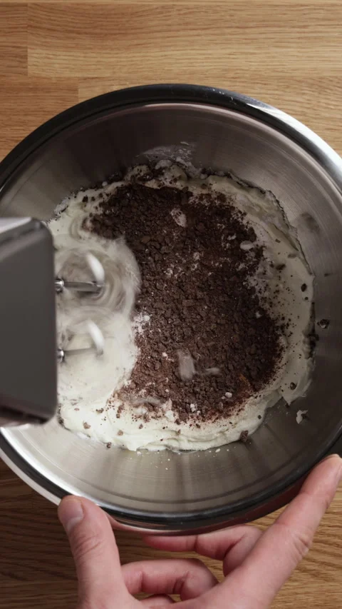Mixing Ricotta With Chocolate Using Hand Mixer Vertical Top View Stockbeeldmateriaal 334232115