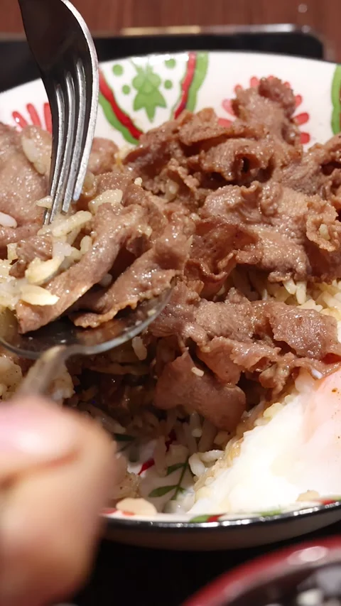 Mixing Sliced Beef, Rice, and Egg with Spoon and Fork Stock Footage 314868539