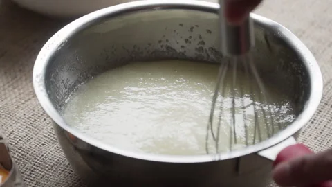 Mixing sugar with egg white with hand mixer pastry in metal container Video stock 243189065