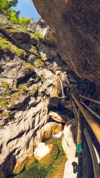 Mixnitz waterfall path along mountain stream. Tourist spot. Travel destinatio Stock Photos