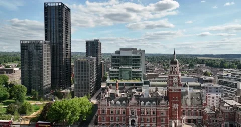 Mixture of construction styles, buildings in urban borough on sunny day Vídeos de archivo 201890502