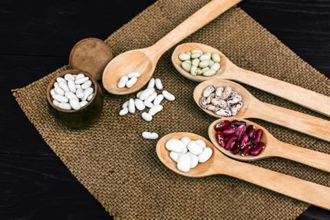 A mixture of different beans in cooking. Organic food Stock Photos