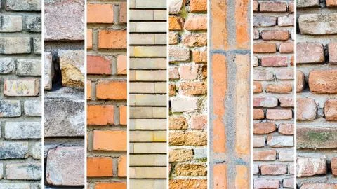 Mixture of different brick walls, white vertical stripes Stock Photos