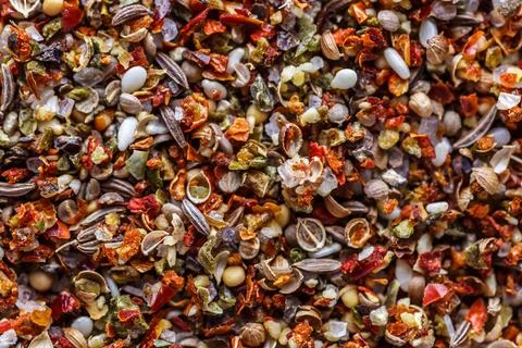 A mixture of different spices close up. Textures of colorful spices and condi Stock-Fotos