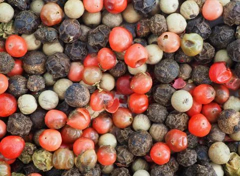 A mixture of different types of peppercorns. Background of pink, green, white Stock Photos