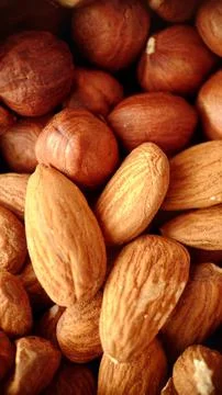 A mixture of hazelnuts and almonds in selective focus close-up Stock Photos