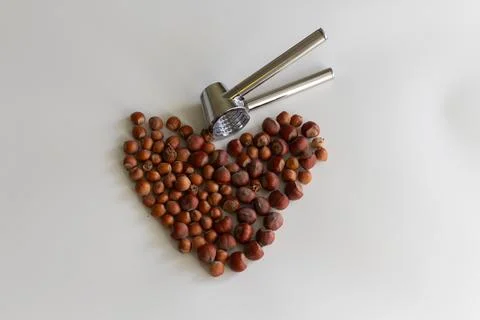 A mixture of hazelnuts of different varieties, together with a nutcracker Foto stock
