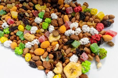 Mixture of nuts and dried fruit. Stock Photos