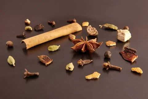 A mixture of spices for making mulled wine. Preparation of a hot alcoholic .. Stock Photos