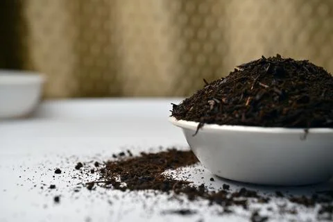 Mixture Tea Powder in Spoon, Front View Macro Food Photograph with Negative.. Stock-Fotos