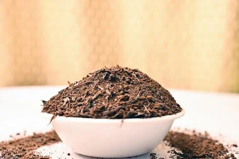 Mixture Tea Powder in Spoon, Front View Macro Food Photograph with Negative.. Stock-Fotos