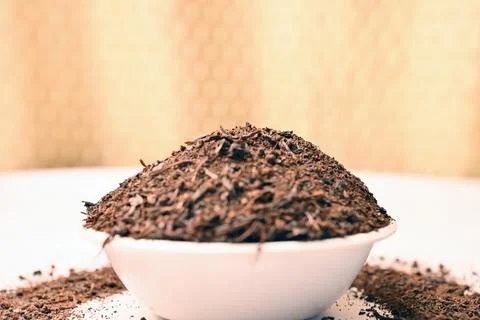 Mixture Tea Powder in Spoon, Front View Macro Food Photograph with Negative.. Stock-Fotos