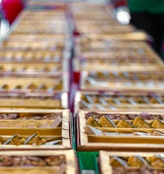 A mixture of various Indian sweets packed in a box. Peda, laddu, mithai, diwa Stock Photos
