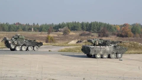 Mk44 Bushmaster II Live Fire - M1296, M1128, M1126 Strykers in Action 004 Video stock 166449672