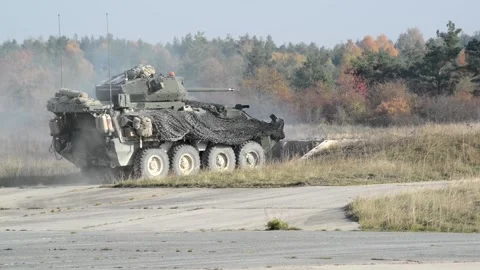 Mk44 Bushmaster II Live Fire - M1296, M1128, M1126 Strykers in Action 002 Stock Footage 166449684