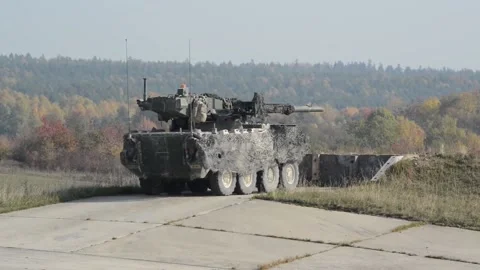 Mk44 Bushmaster II Live Fire - M1296, M1128, M1126 Strykers in Action 005 Stock Footage 166449742