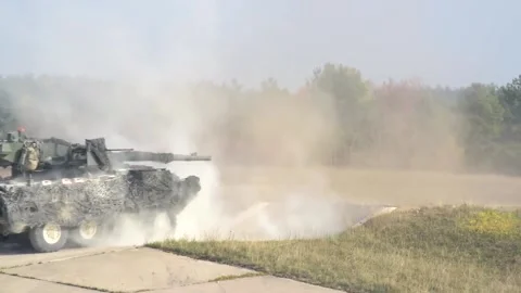 Mk44 Bushmaster II Live Fire - M1296, M1128, M1126 Strykers in Action 007 Video stock 166449809