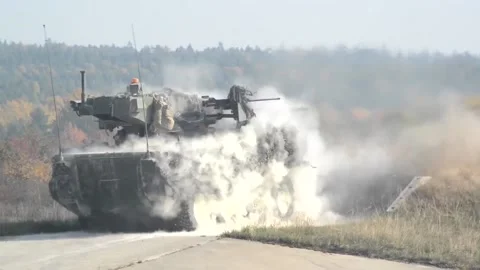 Mk44 Bushmaster II Live Fire - M1296, M1128, M1126 Strykers in Action 006 Stock Footage 166449849