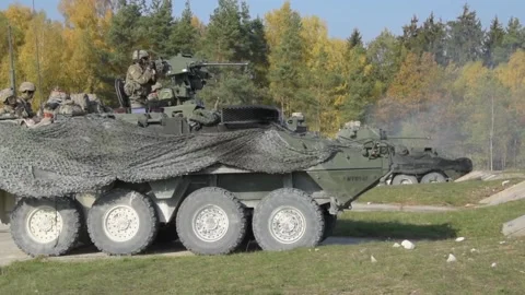 Mk44 Bushmaster II Live Fire - M1296, M1128, M1126 Strykers in Action 012 Video stock 166450039