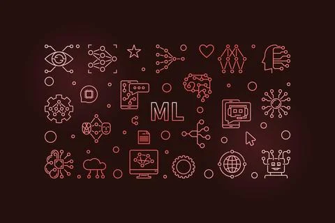 ML concept horizontal vector colored line banner. Machine Learning creative.. Stock Illustration