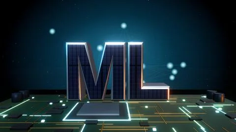 ML Machine Learning 3D Text with a Neural Network on a Circuit Board Stock-Illustration