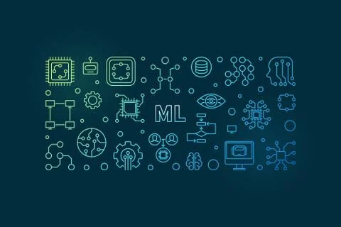 ML Machine Learning vector colored thin line banner Stock Illustration