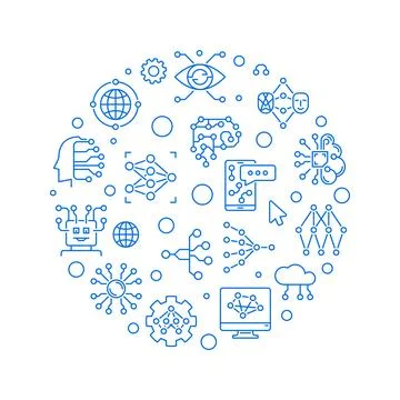ML or Machine Learning concept round line blue banner. Vector illustration Stock Illustration