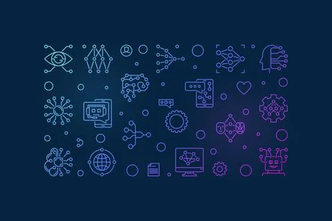 ML or Machine Learning horizontal outline creative banner - vector illustrati Stock Illustration