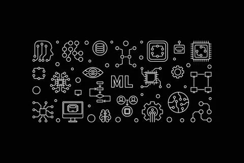 ML or Machine Learning vector outline horizontal banner Stock Illustration