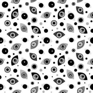 Mlack-and-white seamless pattern with eyes, dots on white background Illustrazione stock